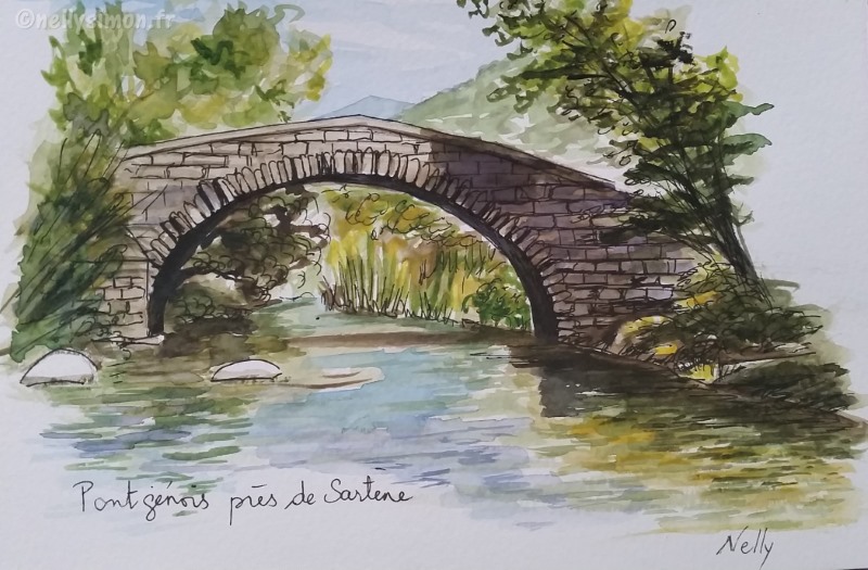 croquis-aquarelle-Corse- Pont génois près de Sartène-Nelly SIMON