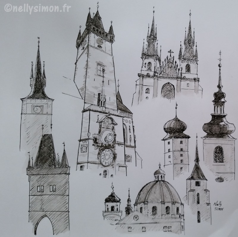 encre - Prague- les tours et clochers- Nelly SIMON