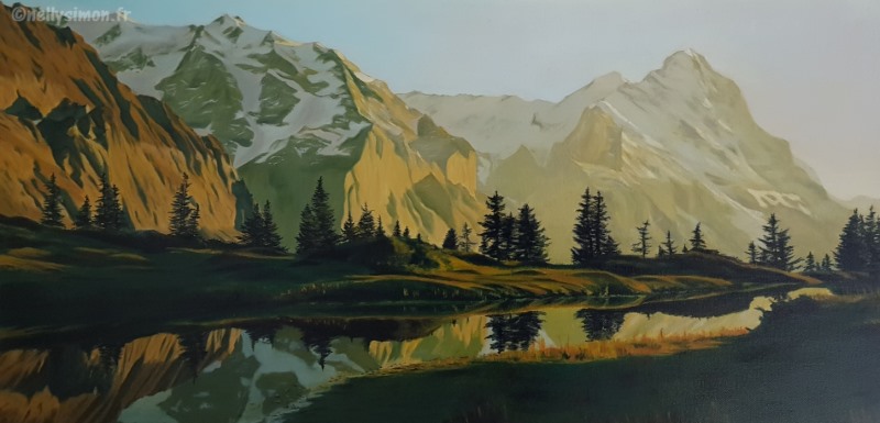 huile-paysages- montagne Suisse, canton de Bern- Méditation matinale-Nelly SIMON